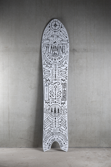 Kunst von Aaron Schwarz auf einem Korua Snowboard, Yearning for Turning